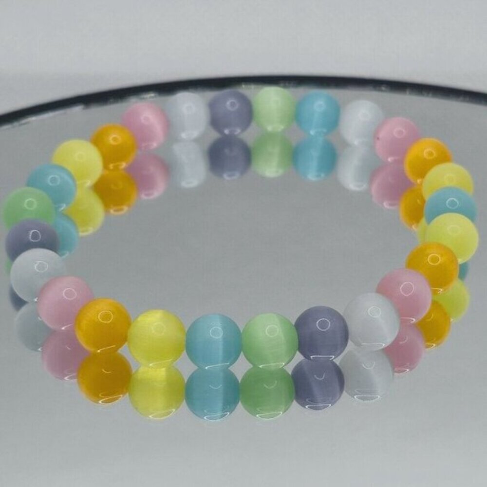Handmade ✦ Cat’s Eye Bracelet ✦ Multicolor 8mm Beads Stretch‑Fit Boho NWT
